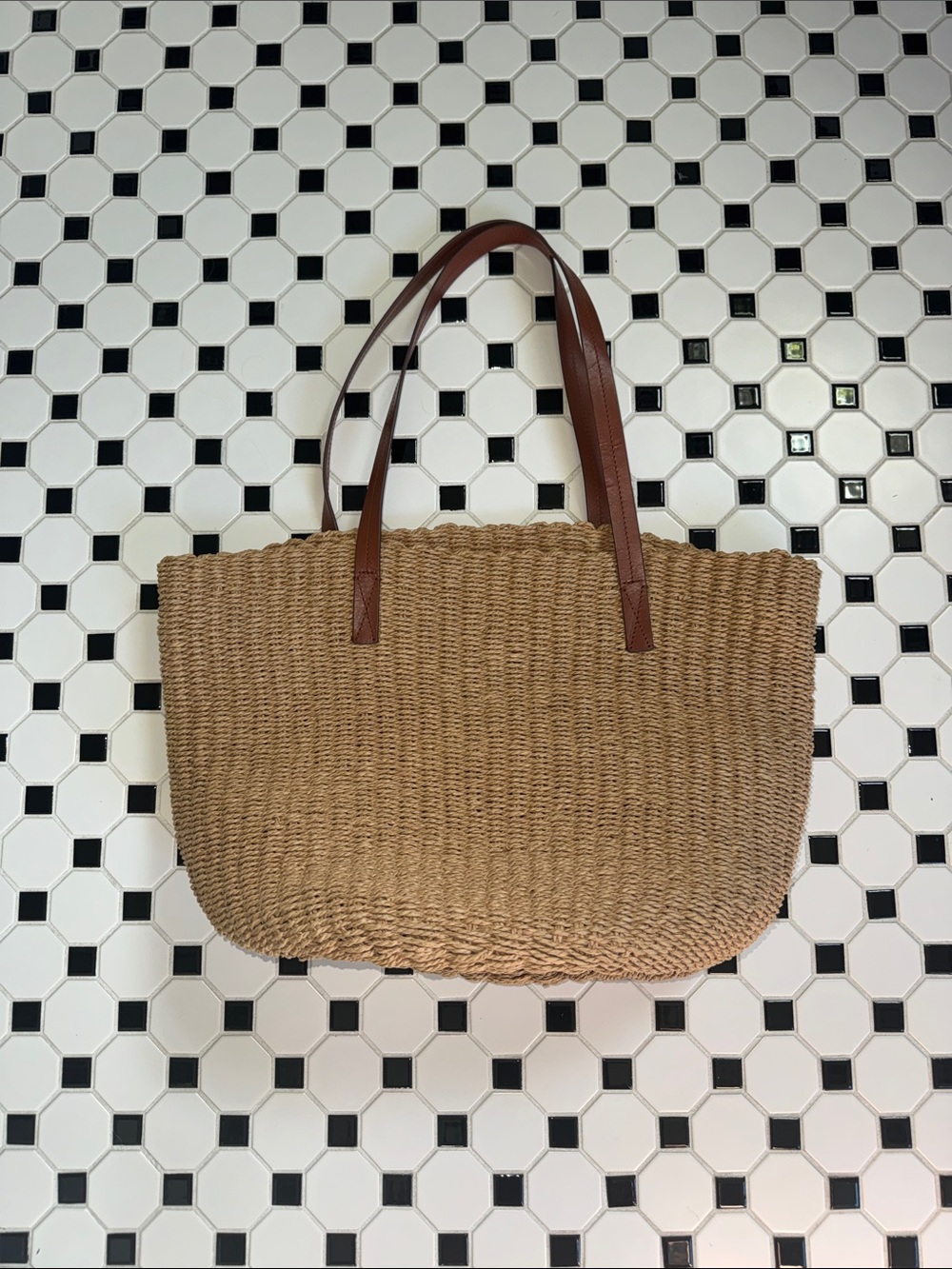 EUC JCrew Woven Straw Tote Bag with Brown Leather Handles